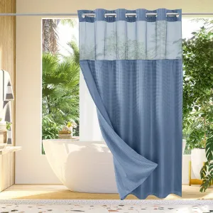 1pc No Hook Waffle Weave Shower Curtain With Snap-in Fabric Liner Set For Bathroom, Hotel Style With Mesh Top Window, Waterproof & Washable