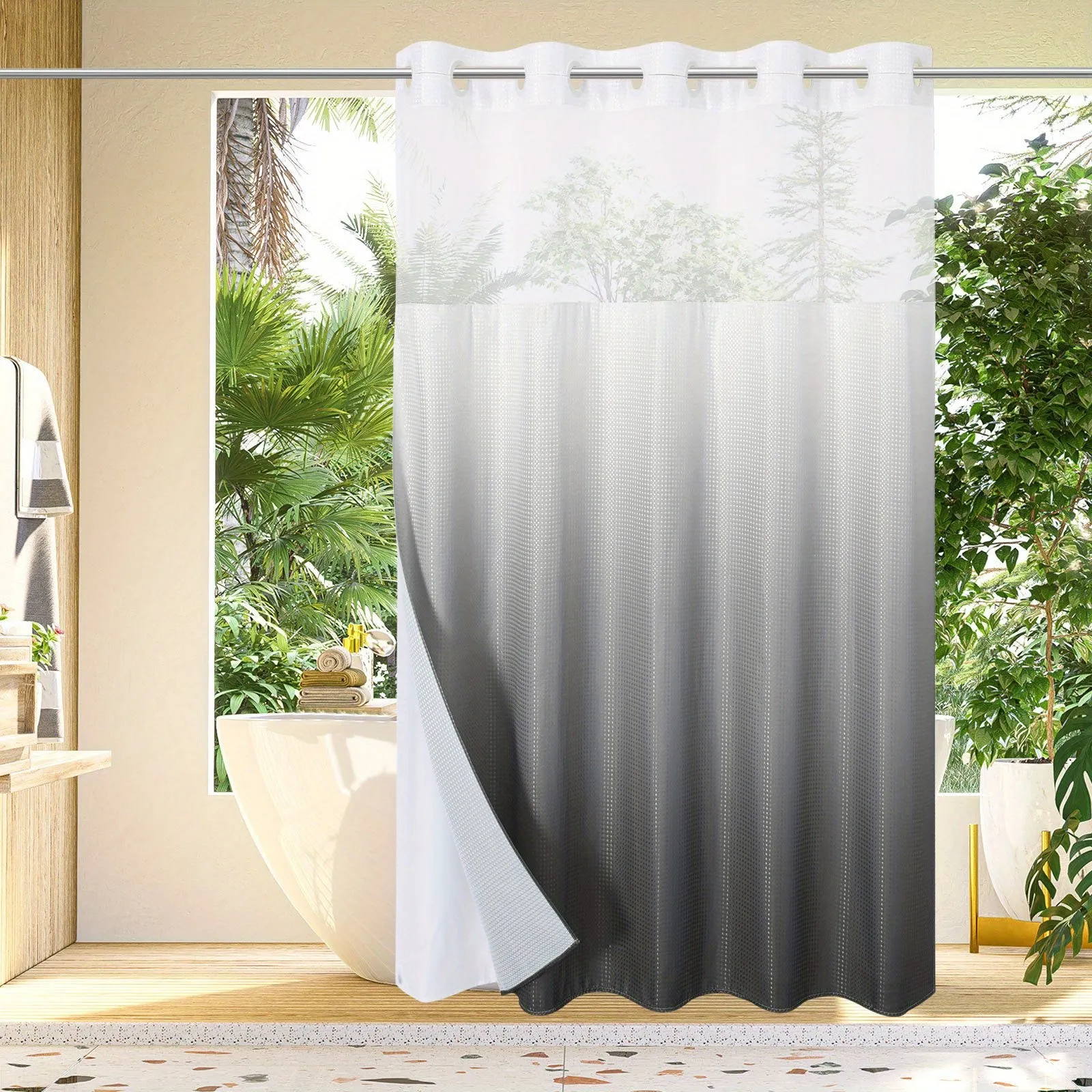 1pc No Hook Waffle Weave Shower Curtain With Snap-in Fabric Liner Set For Bathroom, Hotel Style With Mesh Top Window, Waterproof & Washable