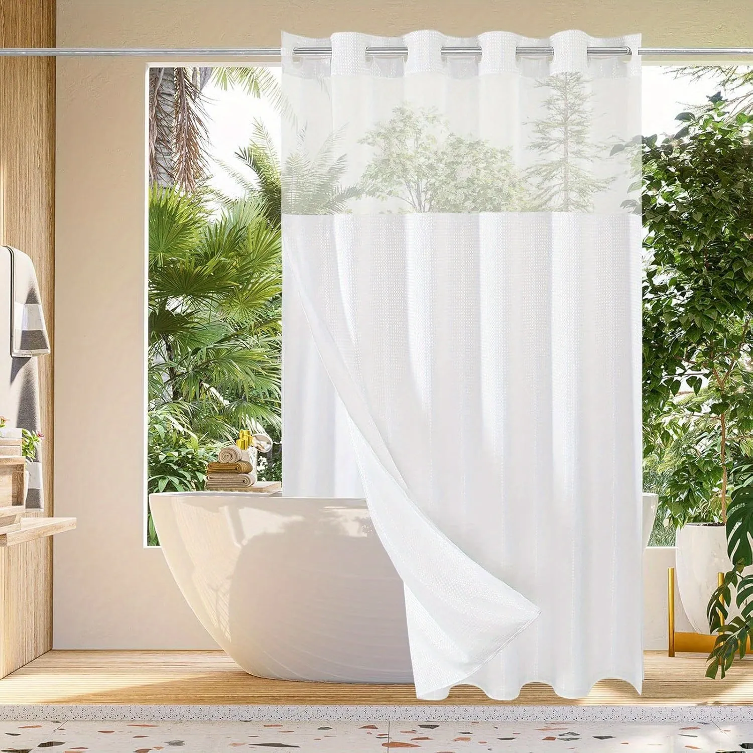 1pc No Hook Waffle Weave Shower Curtain With Snap-in Fabric Liner Set For Bathroom, Hotel Style With Mesh Top Window, Waterproof & Washable