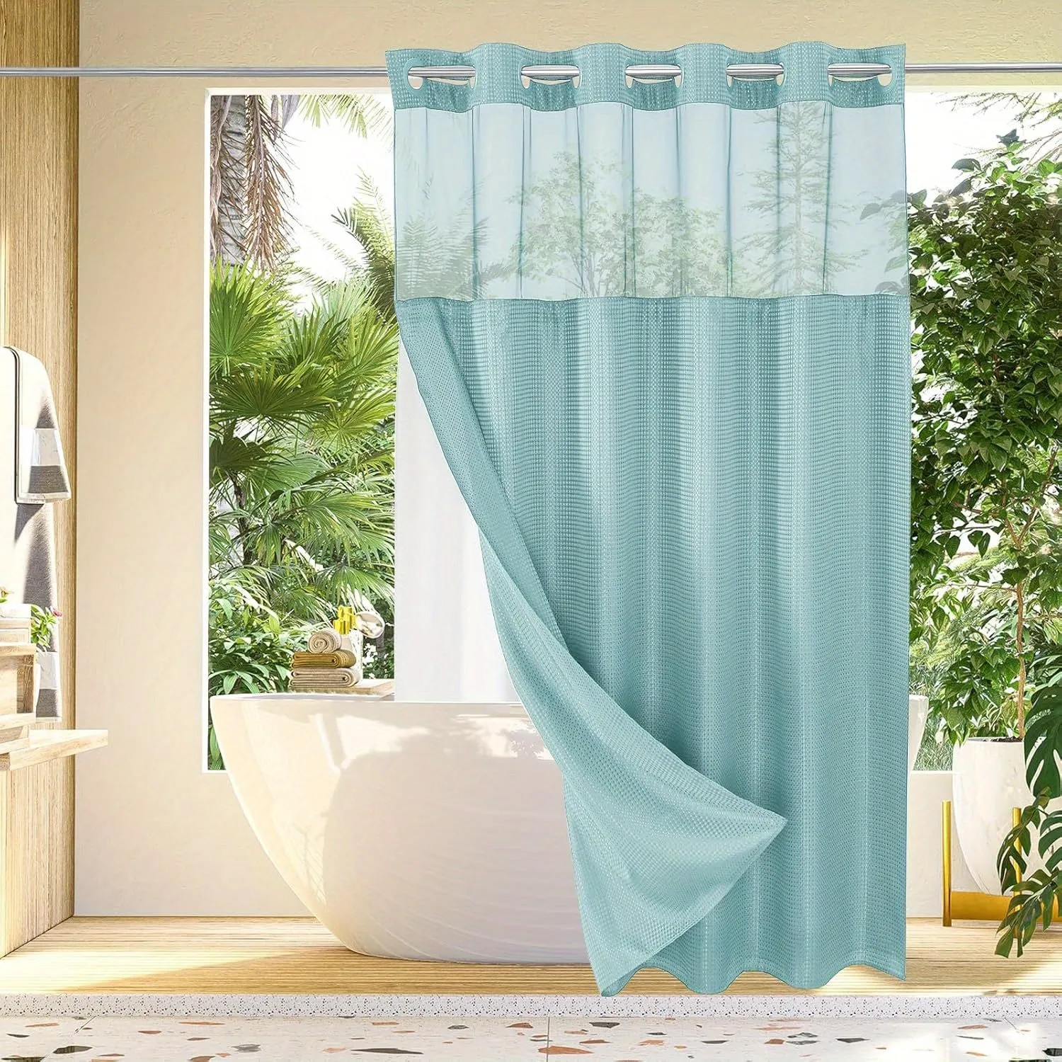 1pc No Hook Waffle Weave Shower Curtain With Snap-in Fabric Liner Set For Bathroom, Hotel Style With Mesh Top Window, Waterproof & Washable