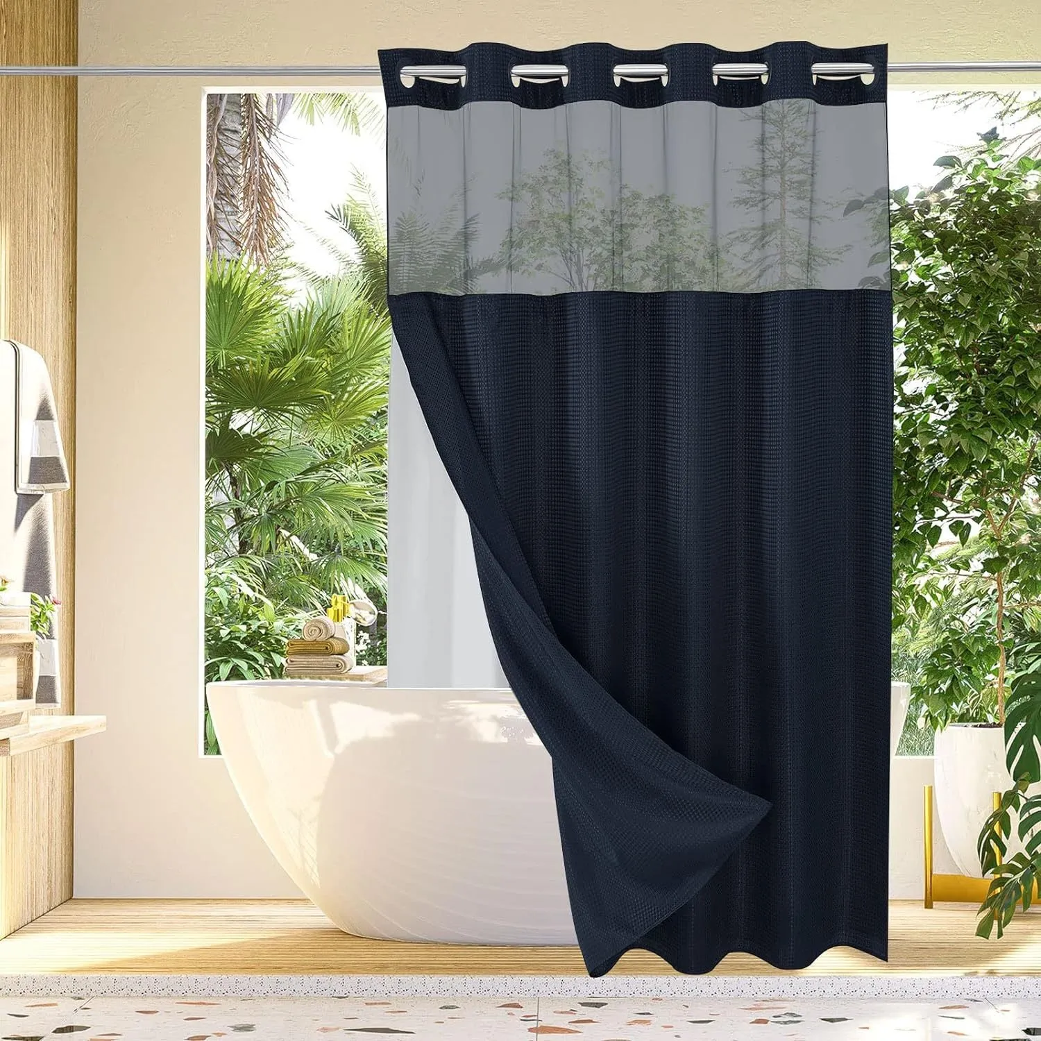 1pc No Hook Waffle Weave Shower Curtain With Snap-in Fabric Liner Set For Bathroom, Hotel Style With Mesh Top Window, Waterproof & Washable