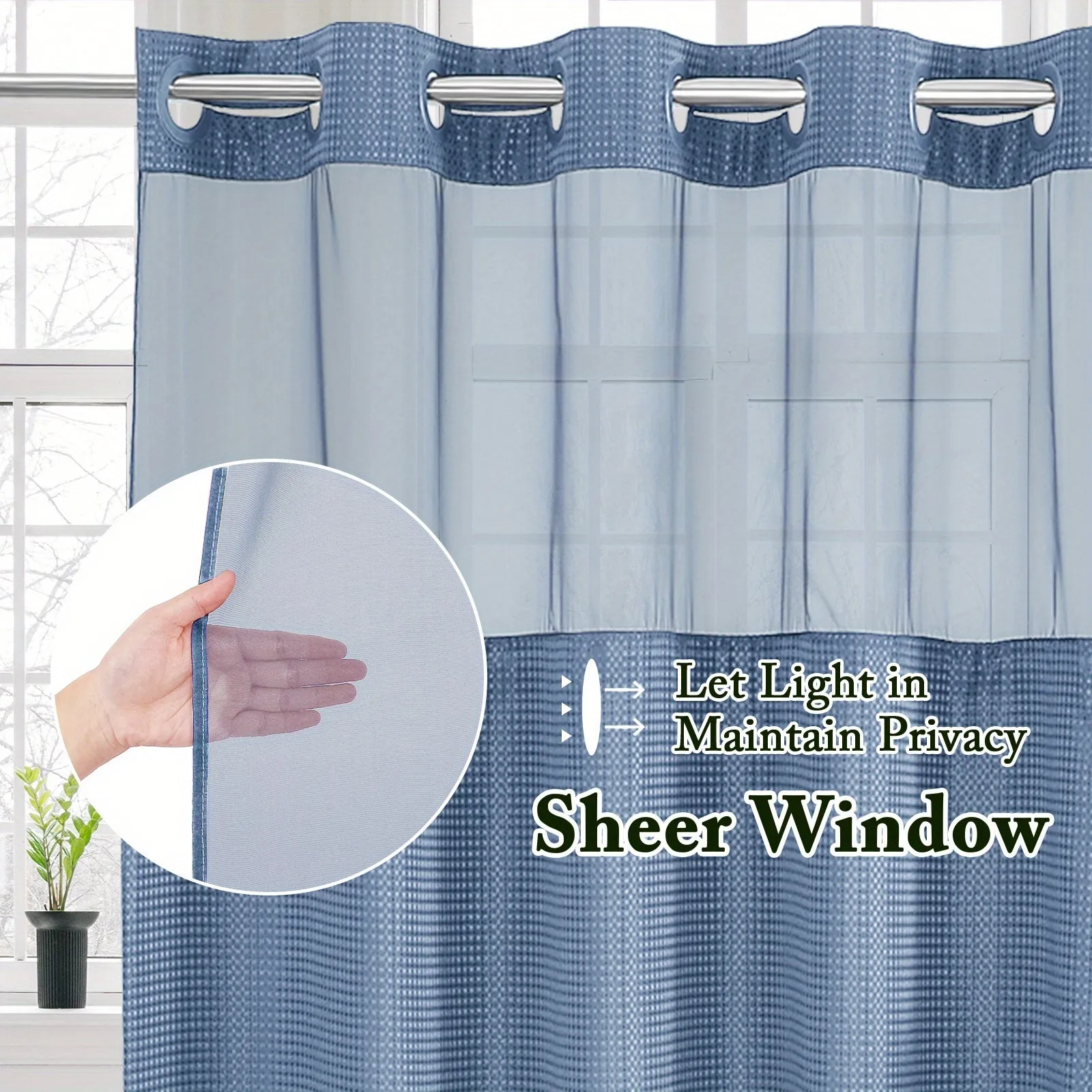 1pc No Hook Waffle Weave Shower Curtain With Snap-in Fabric Liner Set For Bathroom, Hotel Style With Mesh Top Window, Waterproof & Washable