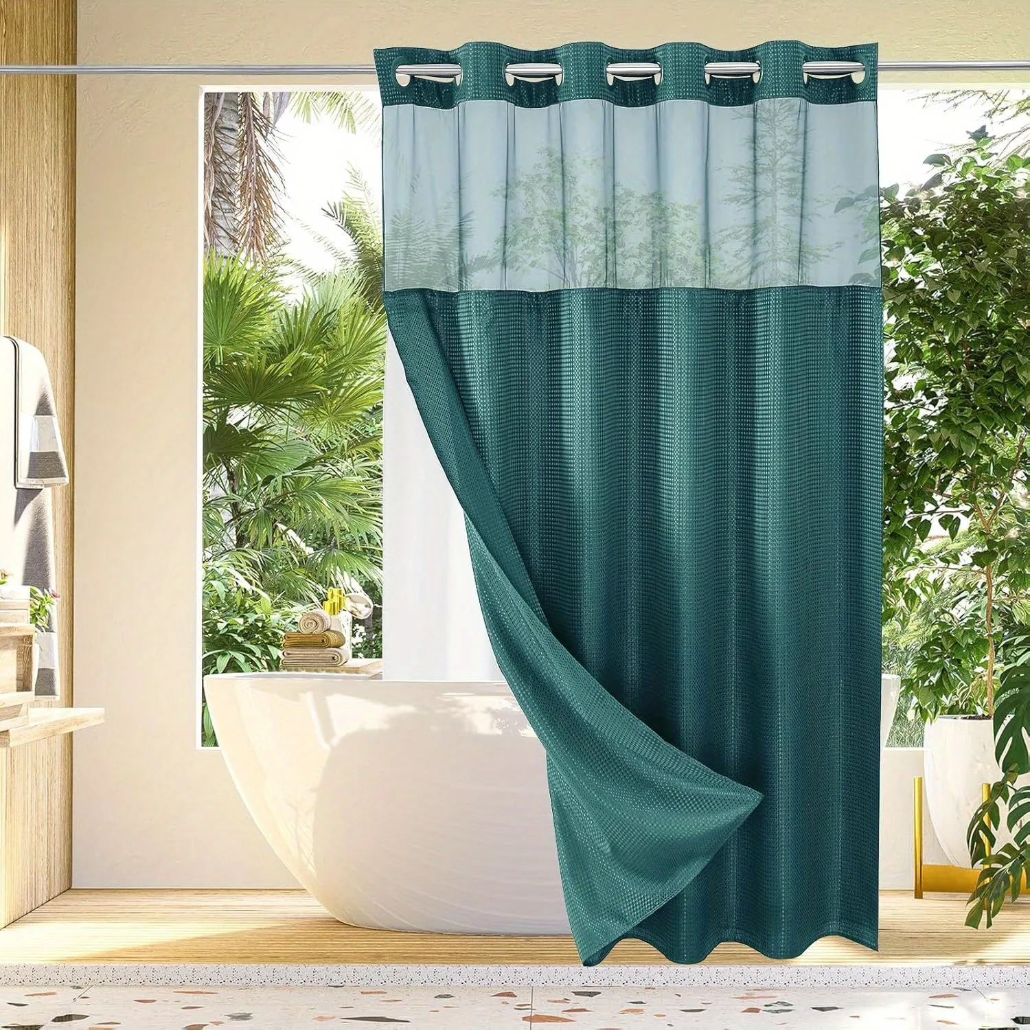 1pc No Hook Waffle Weave Shower Curtain With Snap-in Fabric Liner Set For Bathroom, Hotel Style With Mesh Top Window, Waterproof & Washable