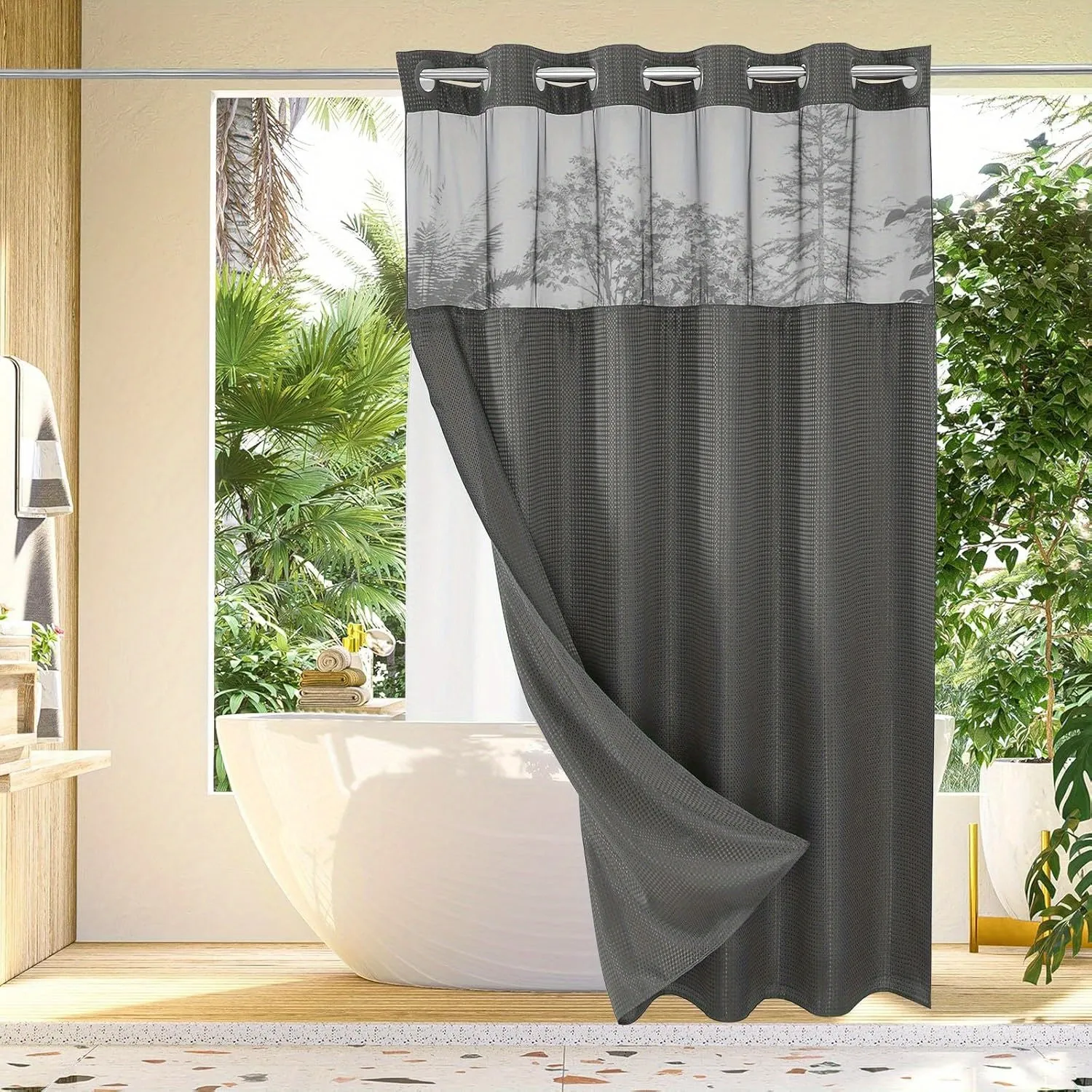 1pc No Hook Waffle Weave Shower Curtain With Snap-in Fabric Liner Set For Bathroom, Hotel Style With Mesh Top Window, Waterproof & Washable