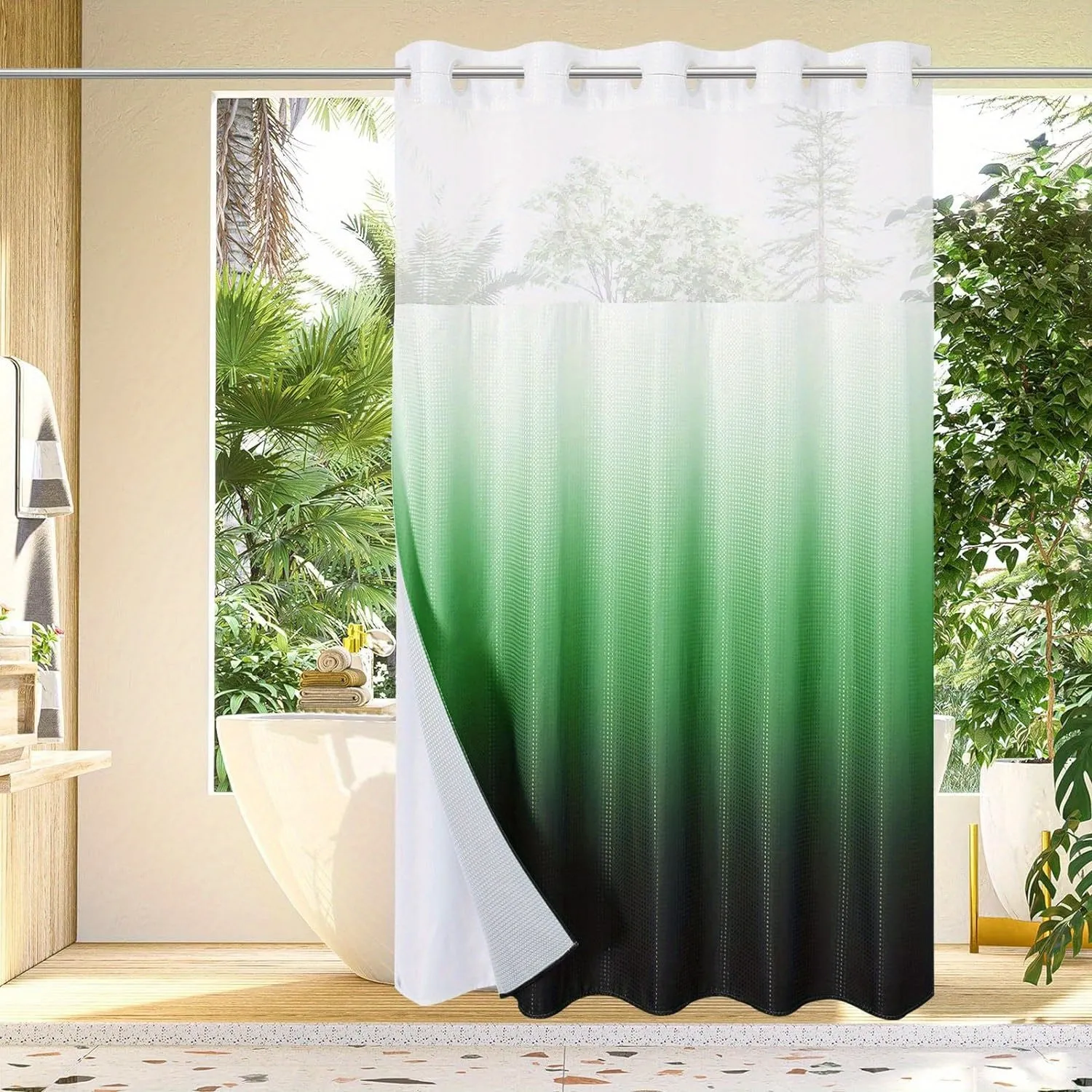 1pc No Hook Waffle Weave Shower Curtain With Snap-in Fabric Liner Set For Bathroom, Hotel Style With Mesh Top Window, Waterproof & Washable