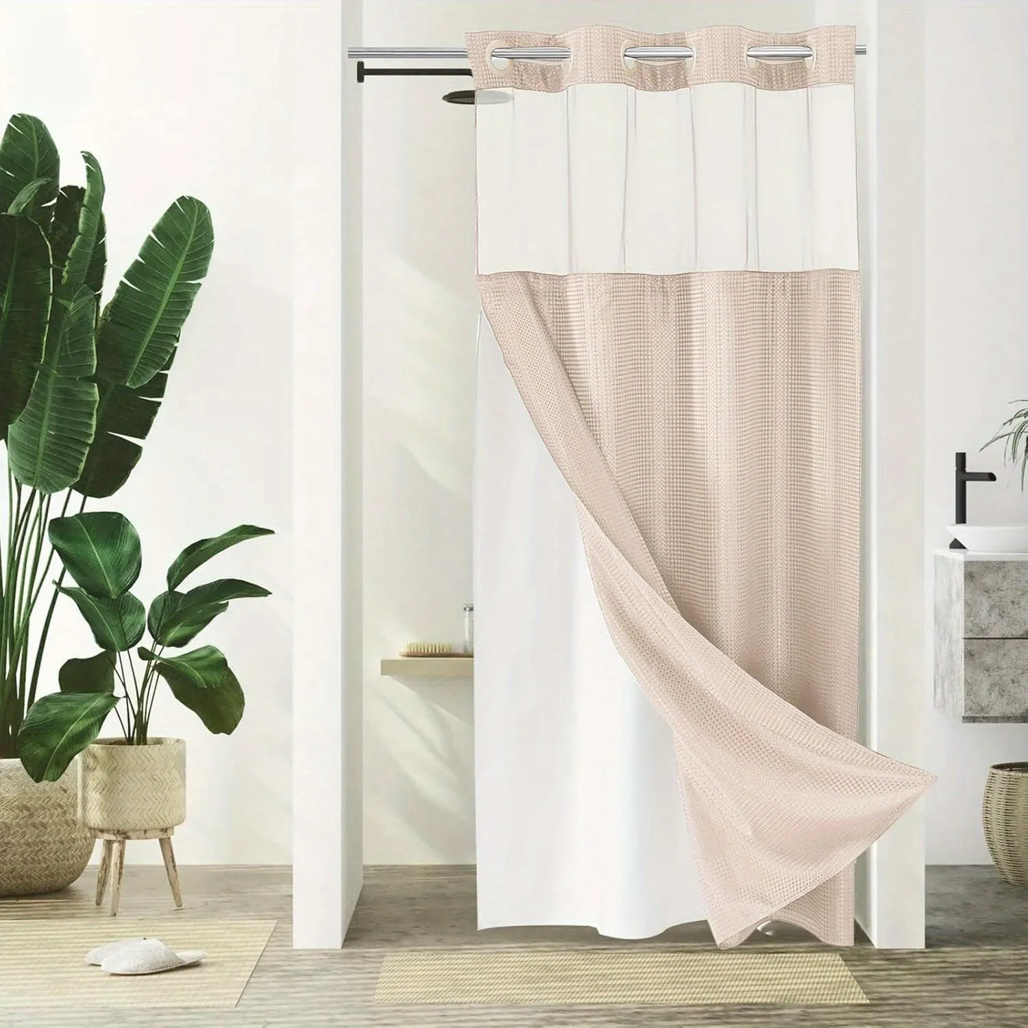 1pc No Hook Waffle Weave Shower Curtain With Snap-in Fabric Liner Set For Bathroom, Hotel Style With Mesh Top Window, Waterproof & Washable