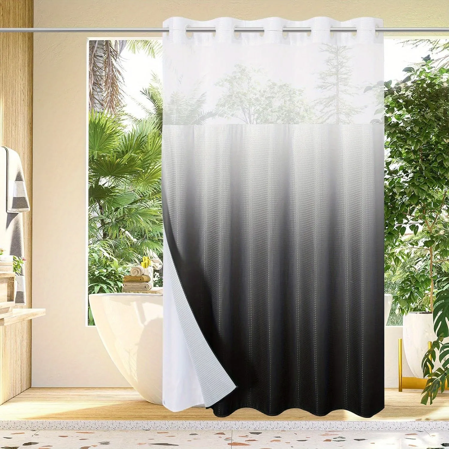 1pc No Hook Waffle Weave Shower Curtain With Snap-in Fabric Liner Set For Bathroom, Hotel Style With Mesh Top Window, Waterproof & Washable