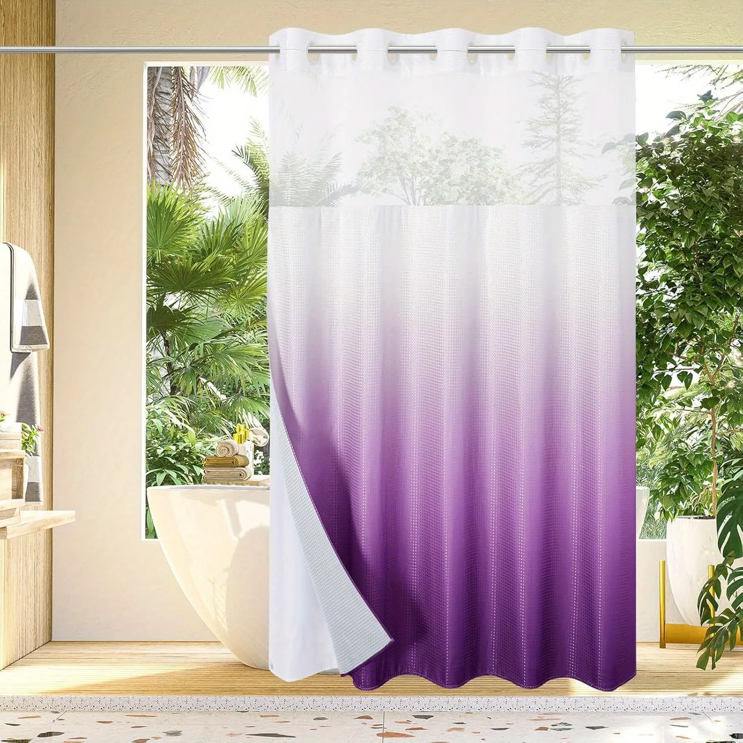 1pc No Hook Waffle Weave Shower Curtain With Snap-in Fabric Liner Set For Bathroom, Hotel Style With Mesh Top Window, Waterproof & Washable