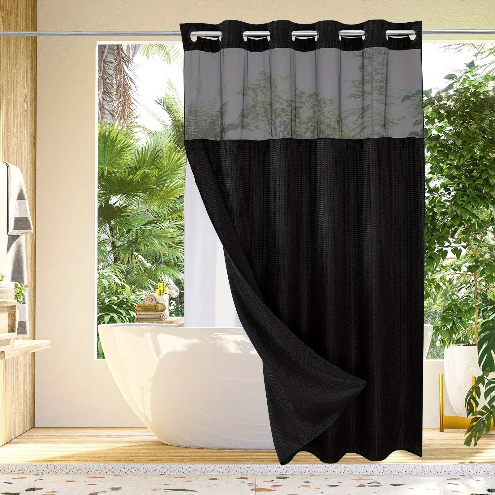 1pc No Hook Waffle Weave Shower Curtain With Snap-in Fabric Liner Set For Bathroom, Hotel Style With Mesh Top Window, Waterproof & Washable