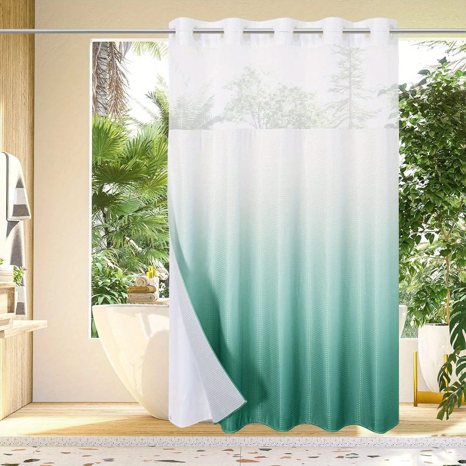 1pc No Hook Waffle Weave Shower Curtain With Snap-in Fabric Liner Set For Bathroom, Hotel Style With Mesh Top Window, Waterproof & Washable