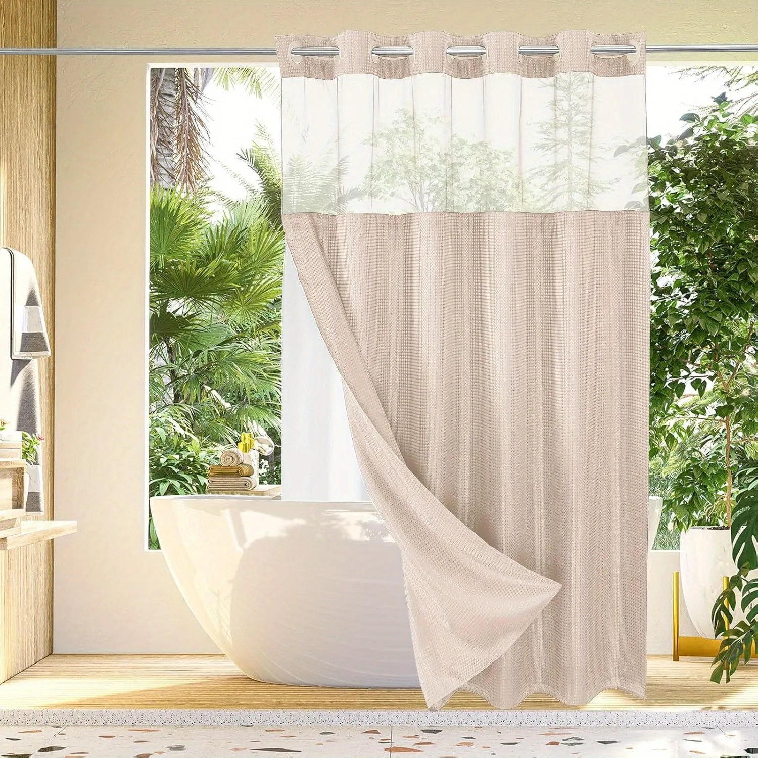 1pc No Hook Waffle Weave Shower Curtain With Snap-in Fabric Liner Set For Bathroom, Hotel Style With Mesh Top Window, Waterproof & Washable