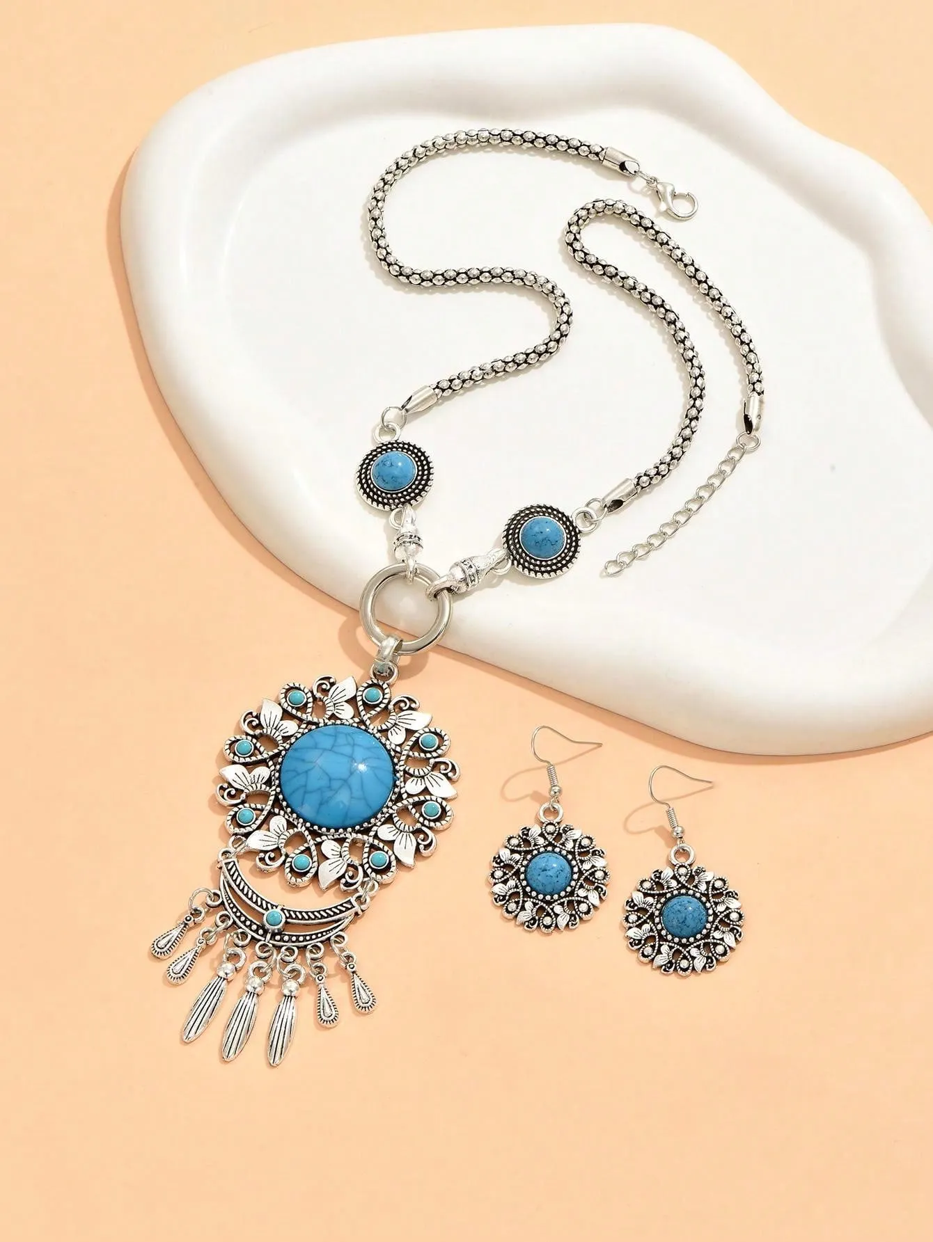 1set Retro Bohemian Turquoise Flower Pendant Long Tassel Earrings and Necklace