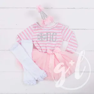 1st Birthday Dress Winter Wonderland "ONE" Pink Stripe Long Sleeve, White Leg Warmers & Pink Hat