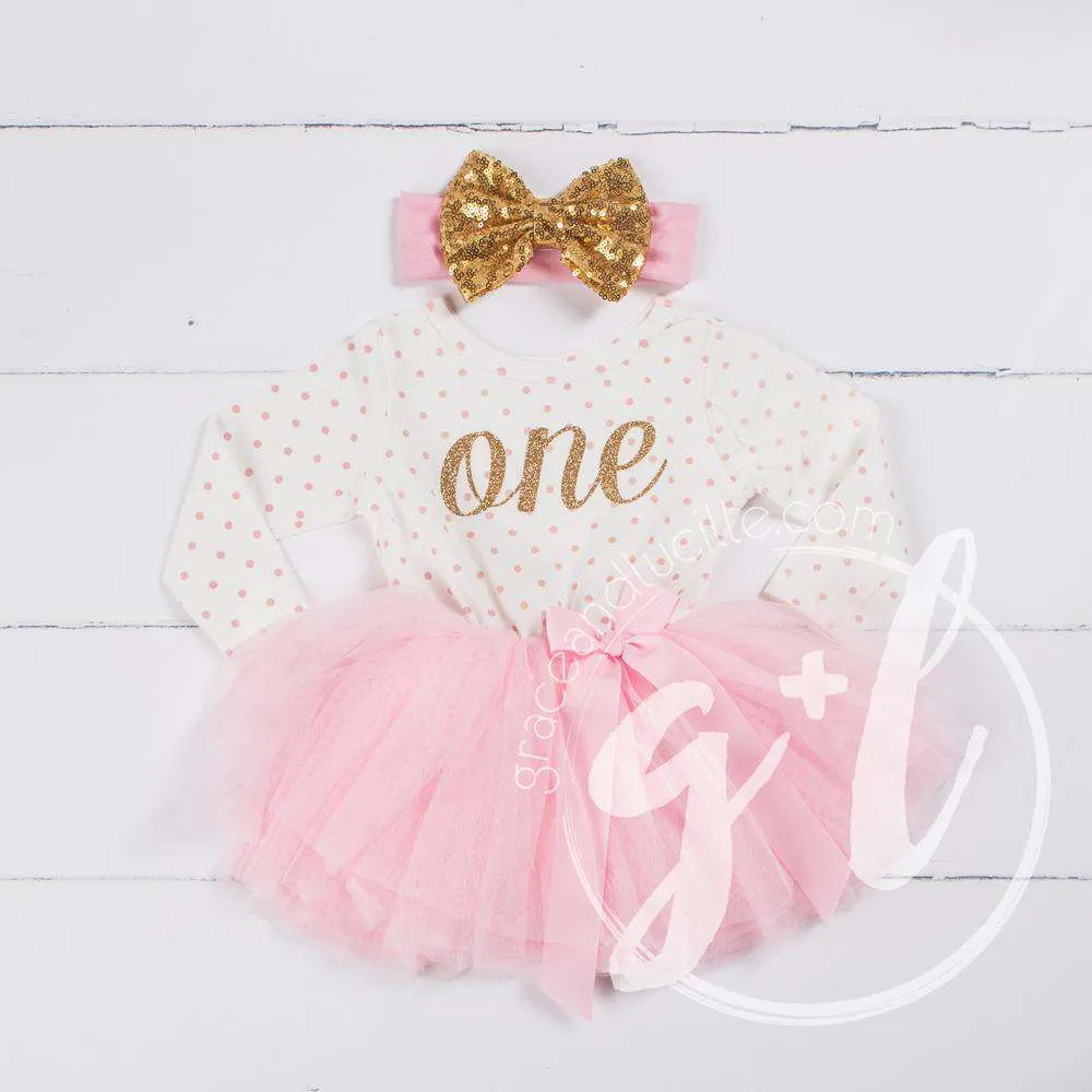 1st Birthday Outfit Gold Script "ONE" Pink Polka Dot Long Sleeve Tutu Dress with Pink & Gold Headband