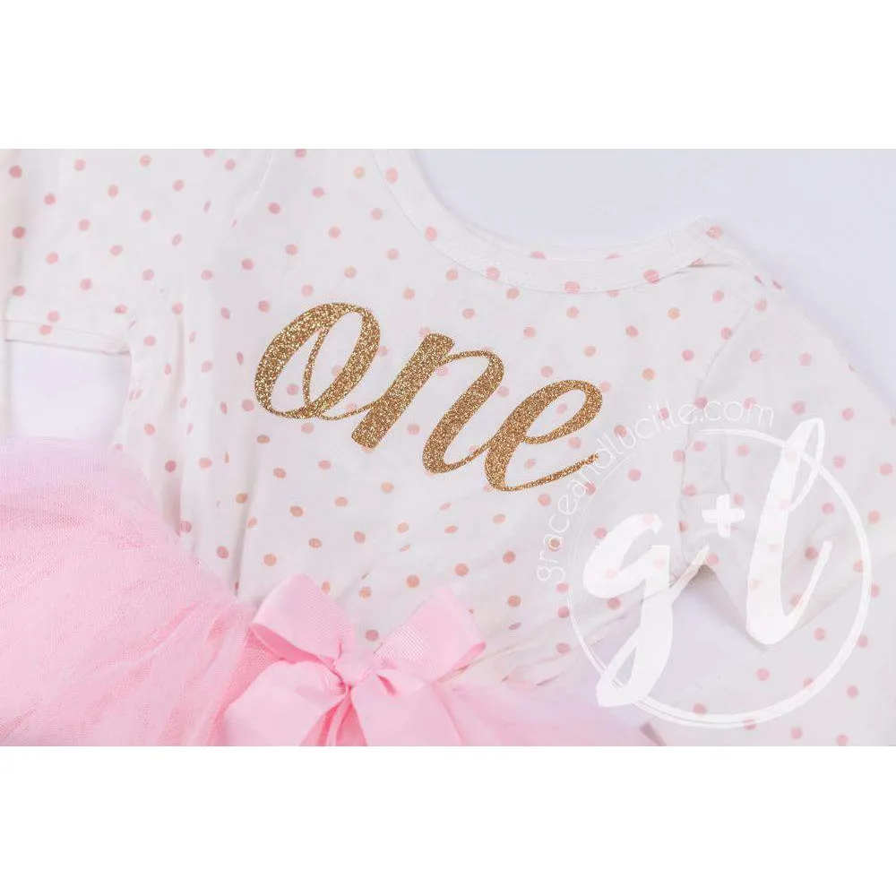 1st Birthday Outfit Gold Script "ONE" Pink Polka Dot Long Sleeve Tutu Dress with Pink & Gold Headband