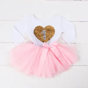 1st Birthday Outfit with FLIP Sequin Heart of Gold numeric ONE heart