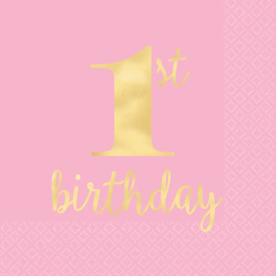 1st Birthday Pink Lunch Napkins Hot Stamped 16pk