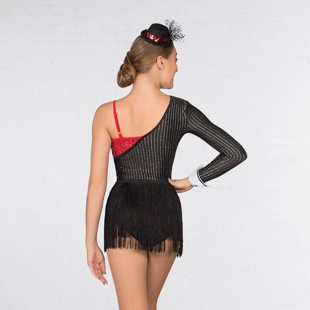 1st Position Asymmetric Pinstripe Sequin Fringe Leotard