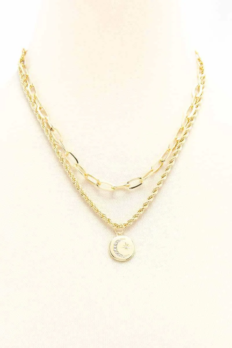 2 Layered Metal Chain Round Pendant Necklace