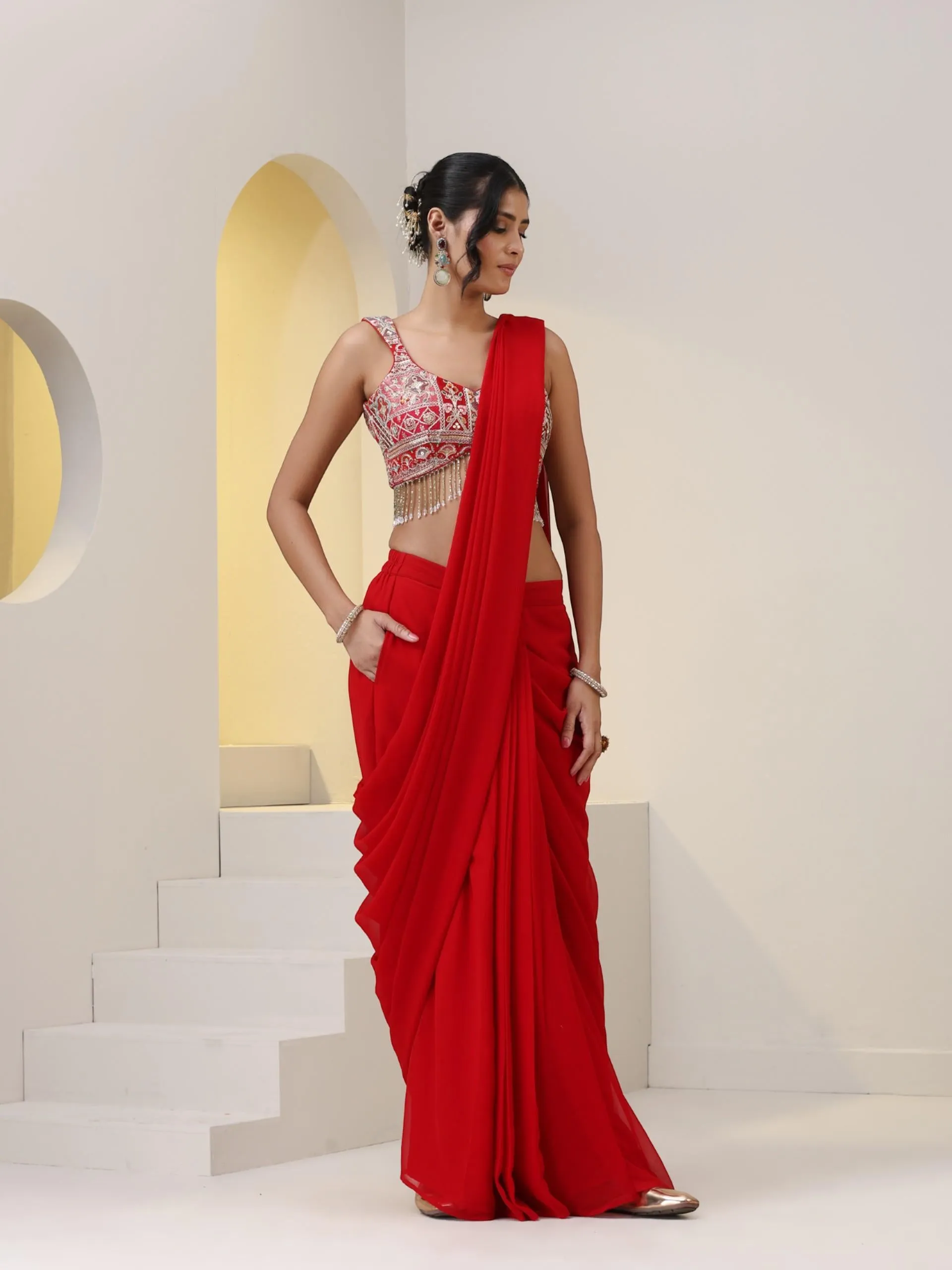 2 pc SET - All Fired Up Georgette Red Skirt Saree With Embroidered Blouse with Lace Edges