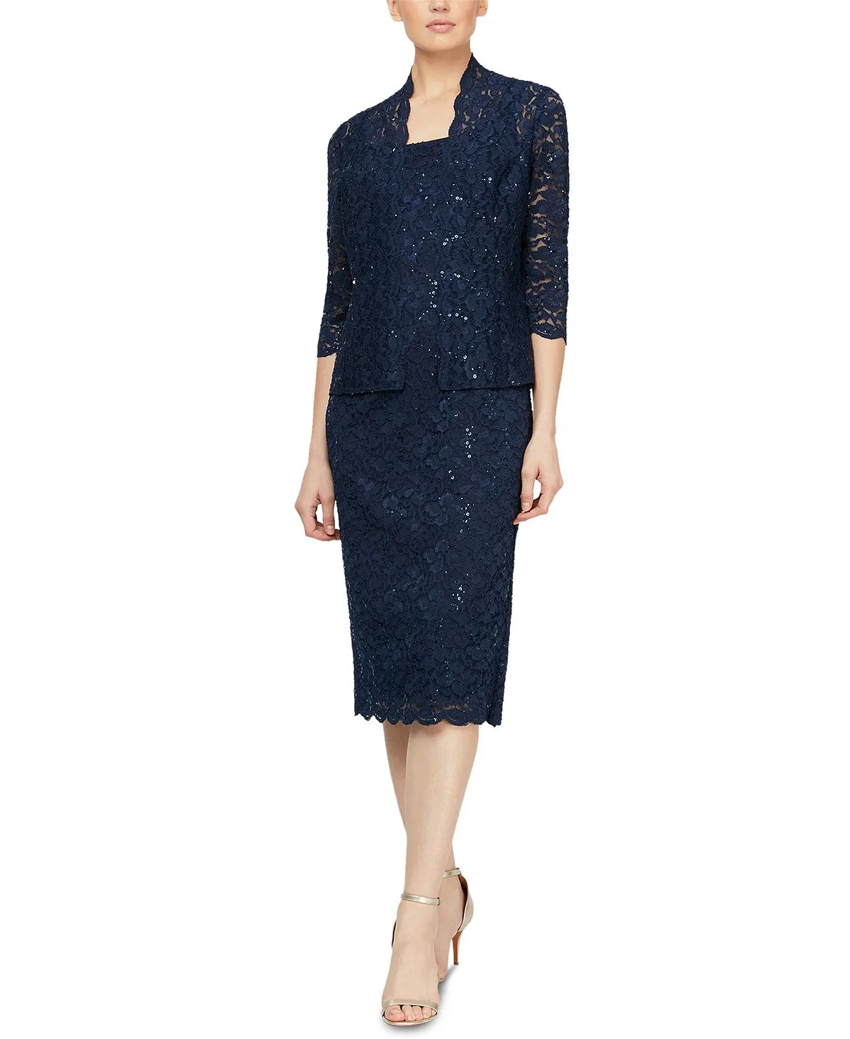 2 pcs. SL Fashions lace jacket and midi dress set, blue