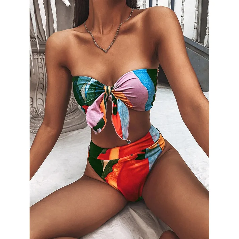 2 Piece Brazilian high waist bikini Bandeau knot swimsuit print swimwear bathing suit Beachwear