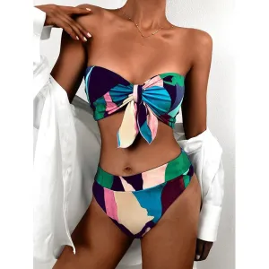 2 Piece Brazilian high waist bikini Bandeau knot swimsuit print swimwear bathing suit Beachwear