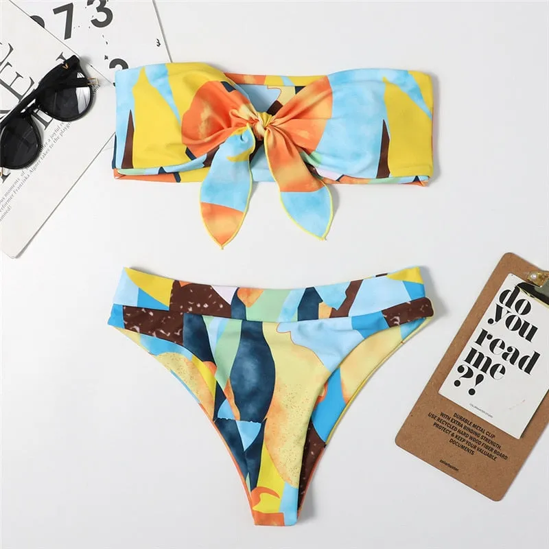 2 Piece Brazilian high waist bikini Bandeau knot swimsuit print swimwear bathing suit Beachwear