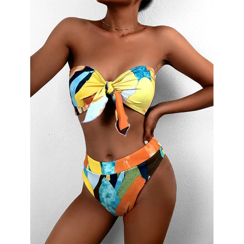 2 Piece Brazilian high waist bikini Bandeau knot swimsuit print swimwear bathing suit Beachwear