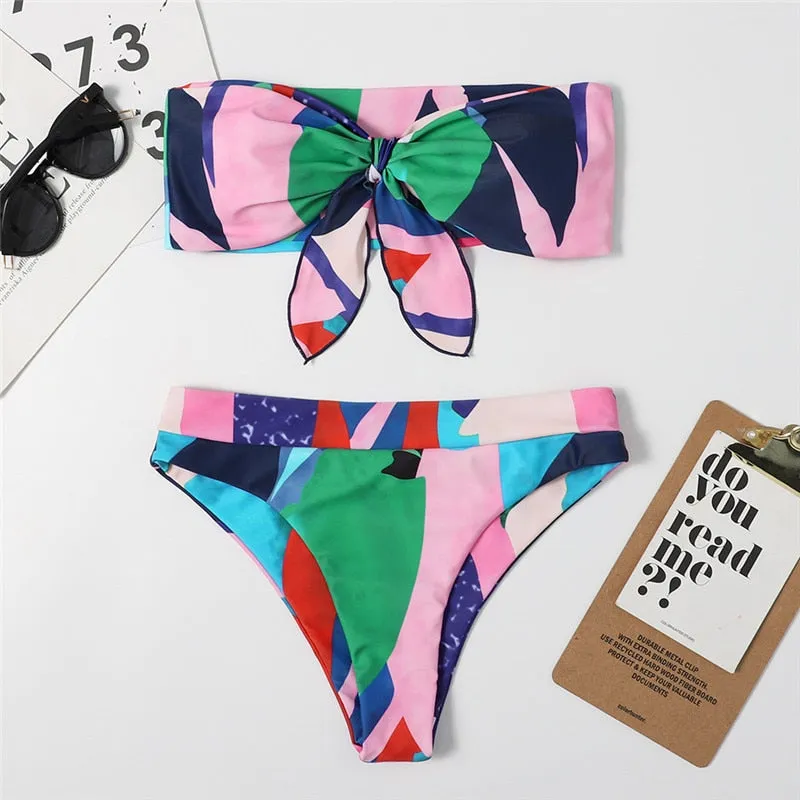 2 Piece Brazilian high waist bikini Bandeau knot swimsuit print swimwear bathing suit Beachwear