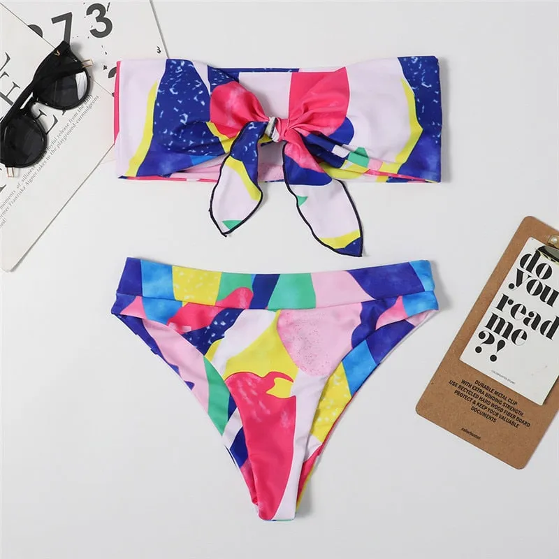 2 Piece Brazilian high waist bikini Bandeau knot swimsuit print swimwear bathing suit Beachwear