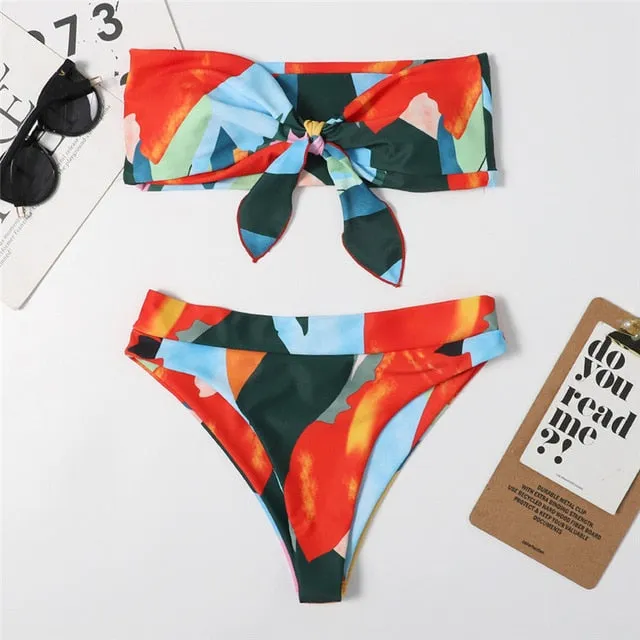 2 Piece Brazilian high waist bikini Bandeau knot swimsuit print swimwear bathing suit Beachwear