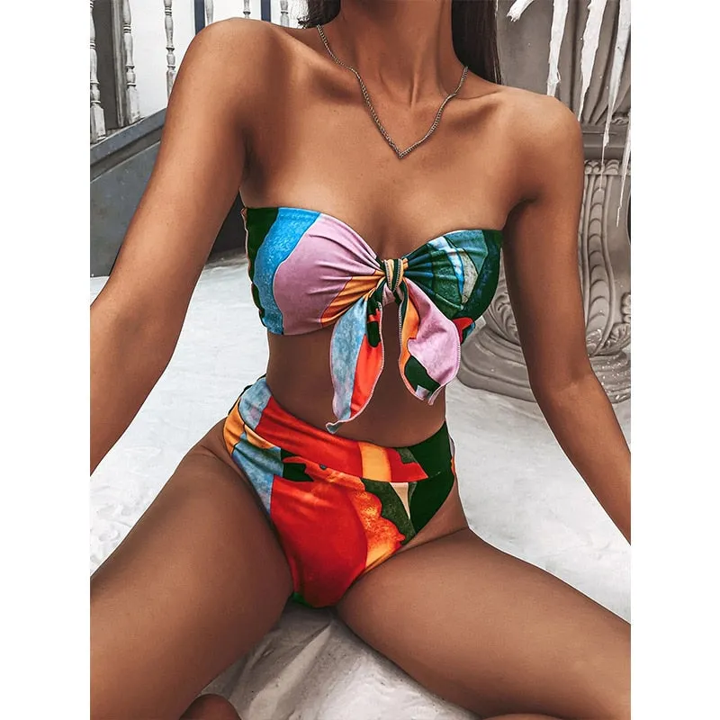 2 Piece Brazilian high waist bikini Bandeau knot swimsuit print swimwear bathing suit Beachwear