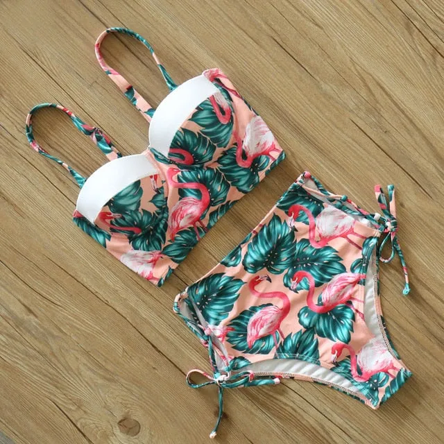 2 Piece Leaf Print Bikinis Women Swimsuit Vintage Retro Bathing Suit Halter High Waist Swimwear