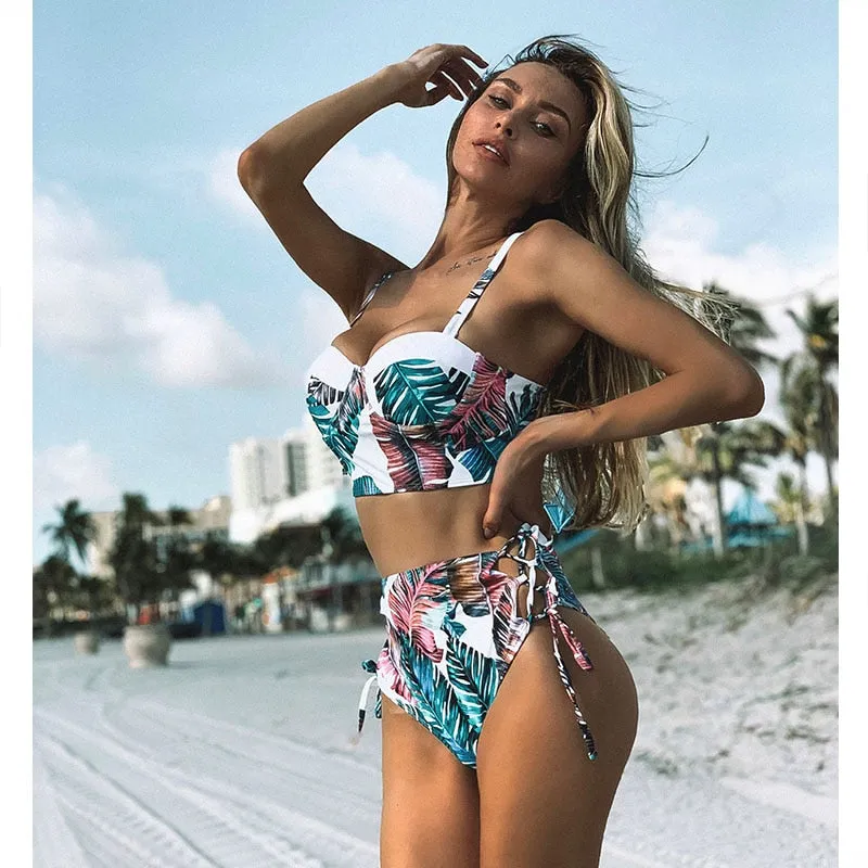 2 Piece Leaf Print Bikinis Women Swimsuit Vintage Retro Bathing Suit Halter High Waist Swimwear