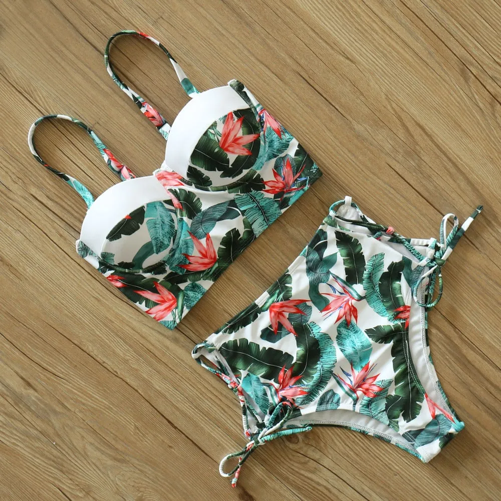 2 Piece Leaf Print Bikinis Women Swimsuit Vintage Retro Bathing Suit Halter High Waist Swimwear