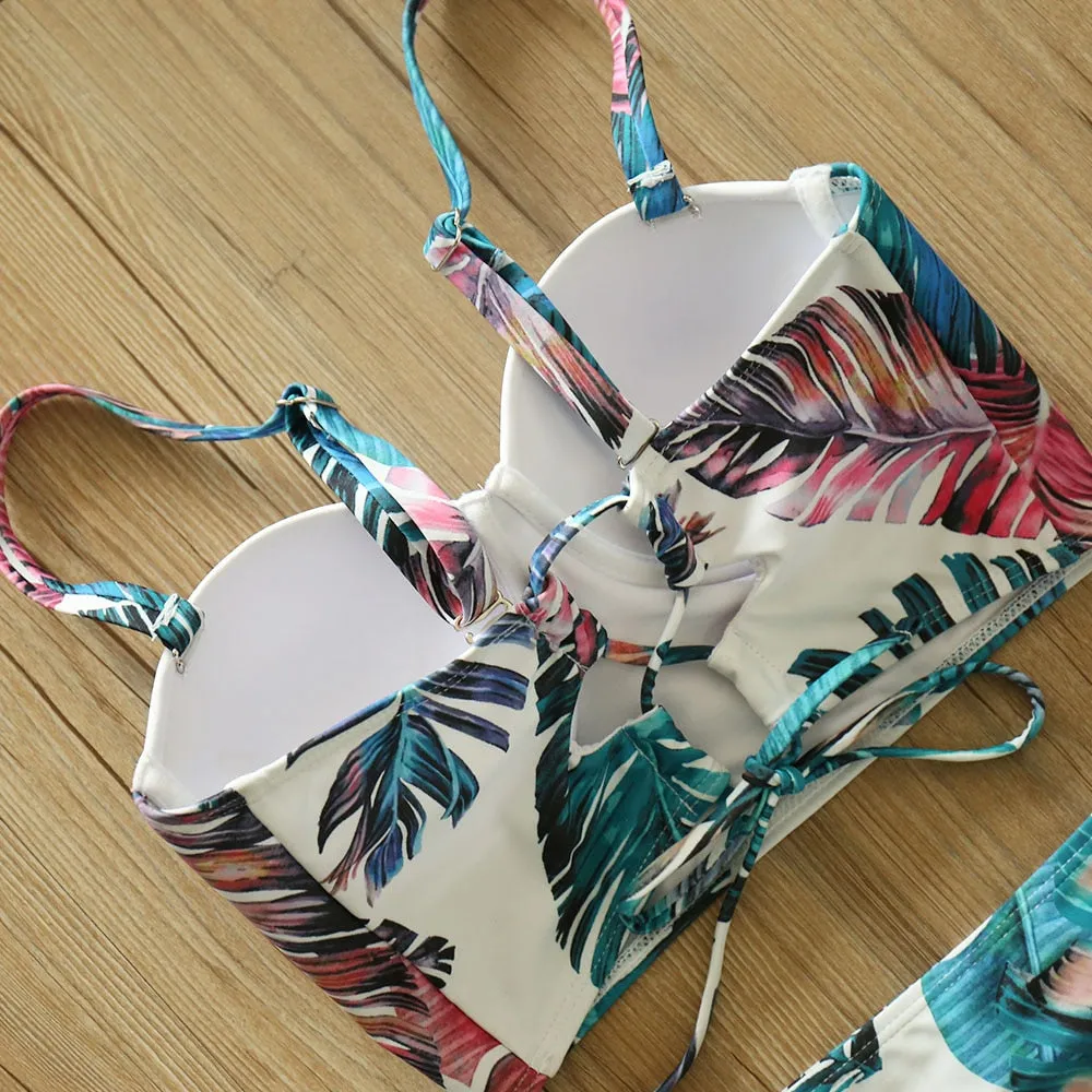 2 Piece Leaf Print Bikinis Women Swimsuit Vintage Retro Bathing Suit Halter High Waist Swimwear