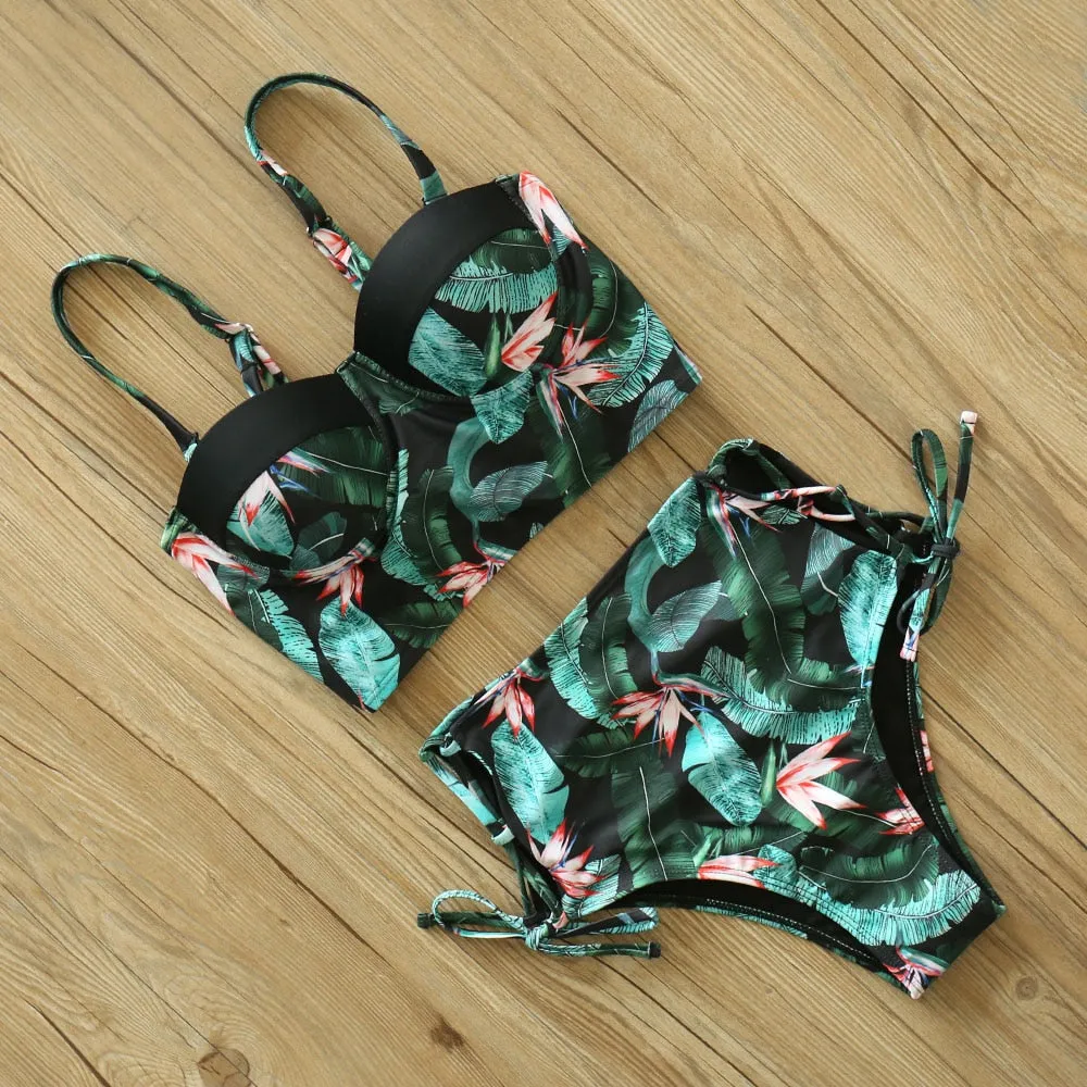 2 Piece Leaf Print Bikinis Women Swimsuit Vintage Retro Bathing Suit Halter High Waist Swimwear