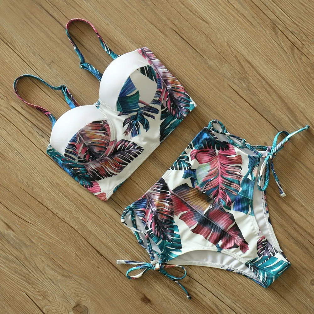 2 Piece Leaf Print Bikinis Women Swimsuit Vintage Retro Bathing Suit Halter High Waist Swimwear