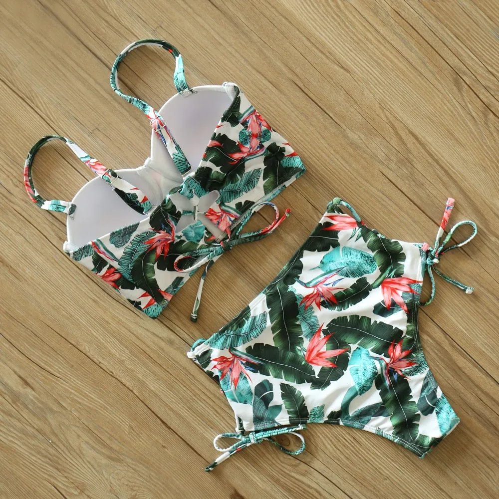 2 Piece Leaf Print Bikinis Women Swimsuit Vintage Retro Bathing Suit Halter High Waist Swimwear