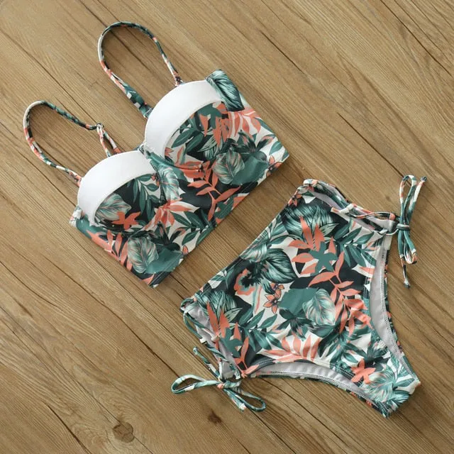 2 Piece Leaf Print Bikinis Women Swimsuit Vintage Retro Bathing Suit Halter High Waist Swimwear