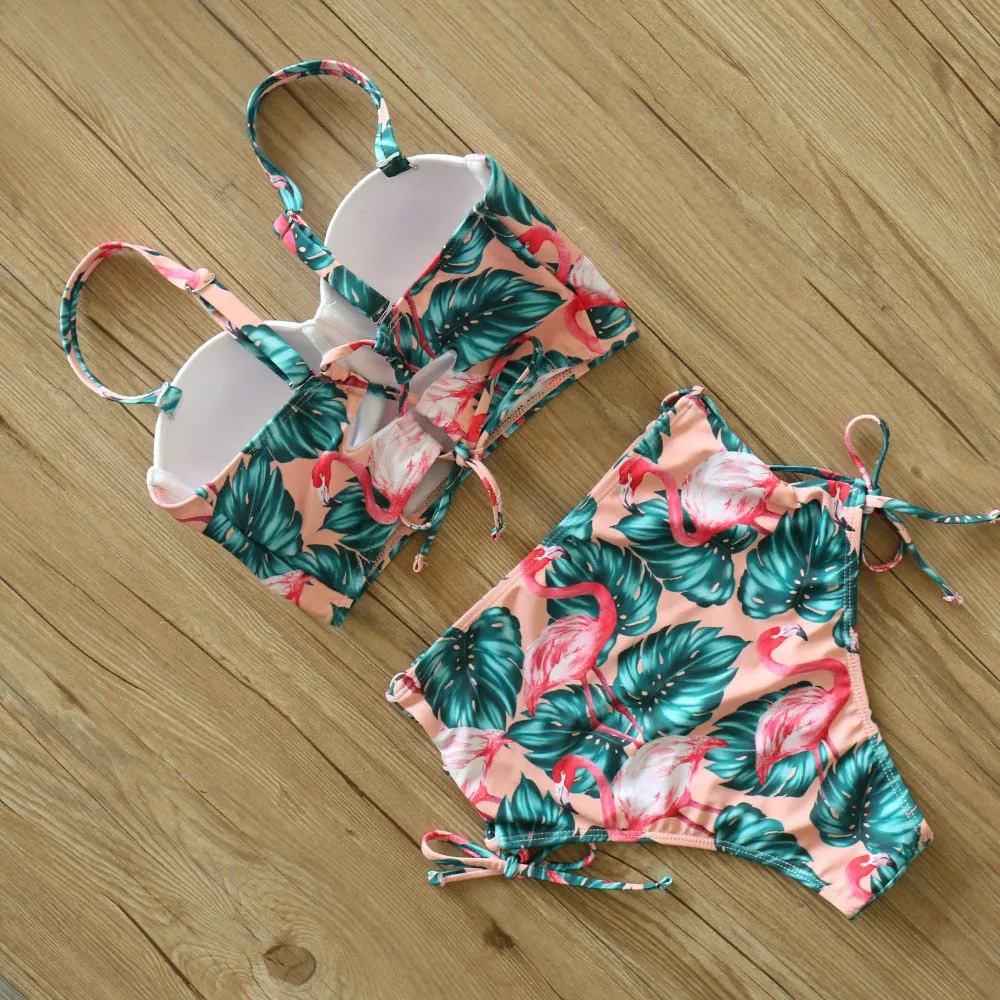 2 Piece Leaf Print Bikinis Women Swimsuit Vintage Retro Bathing Suit Halter High Waist Swimwear