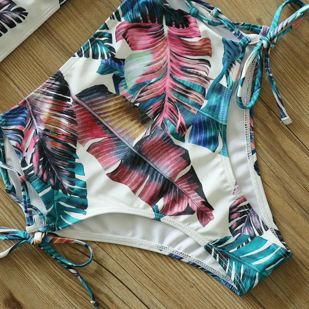 2 Piece Leaf Print Bikinis Women Swimsuit Vintage Retro Bathing Suit Halter High Waist Swimwear