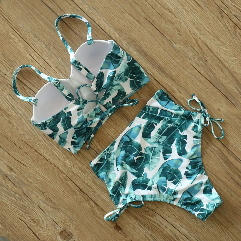 2 Piece Leaf Print Bikinis Women Swimsuit Vintage Retro Bathing Suit Halter High Waist Swimwear