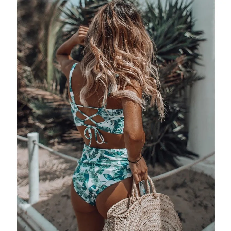 2 Piece Leaf Print Bikinis Women Swimsuit Vintage Retro Bathing Suit Halter High Waist Swimwear