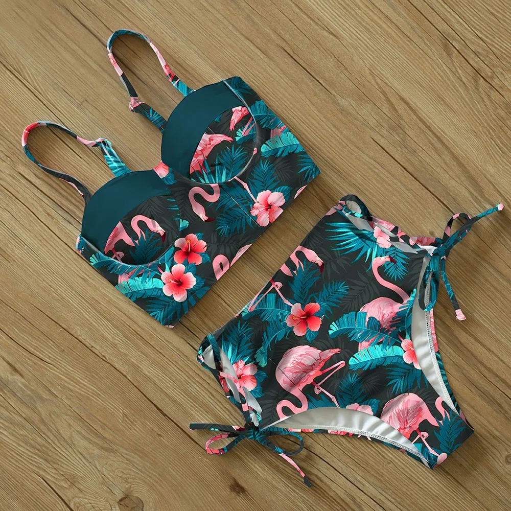 2 Piece Leaf Print Bikinis Women Swimsuit Vintage Retro Bathing Suit Halter High Waist Swimwear