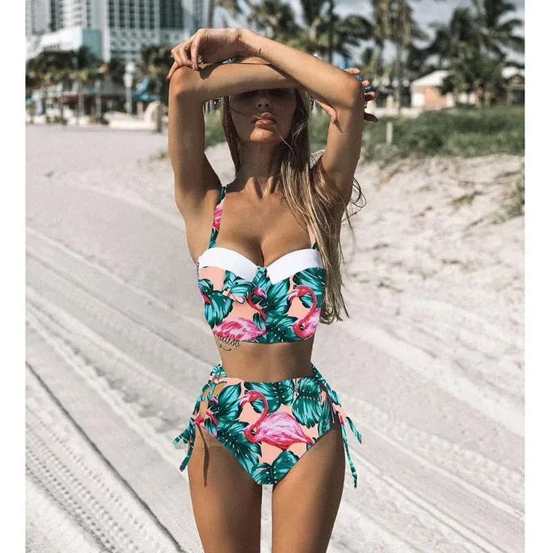 2 Piece Leaf Print Bikinis Women Swimsuit Vintage Retro Bathing Suit Halter High Waist Swimwear