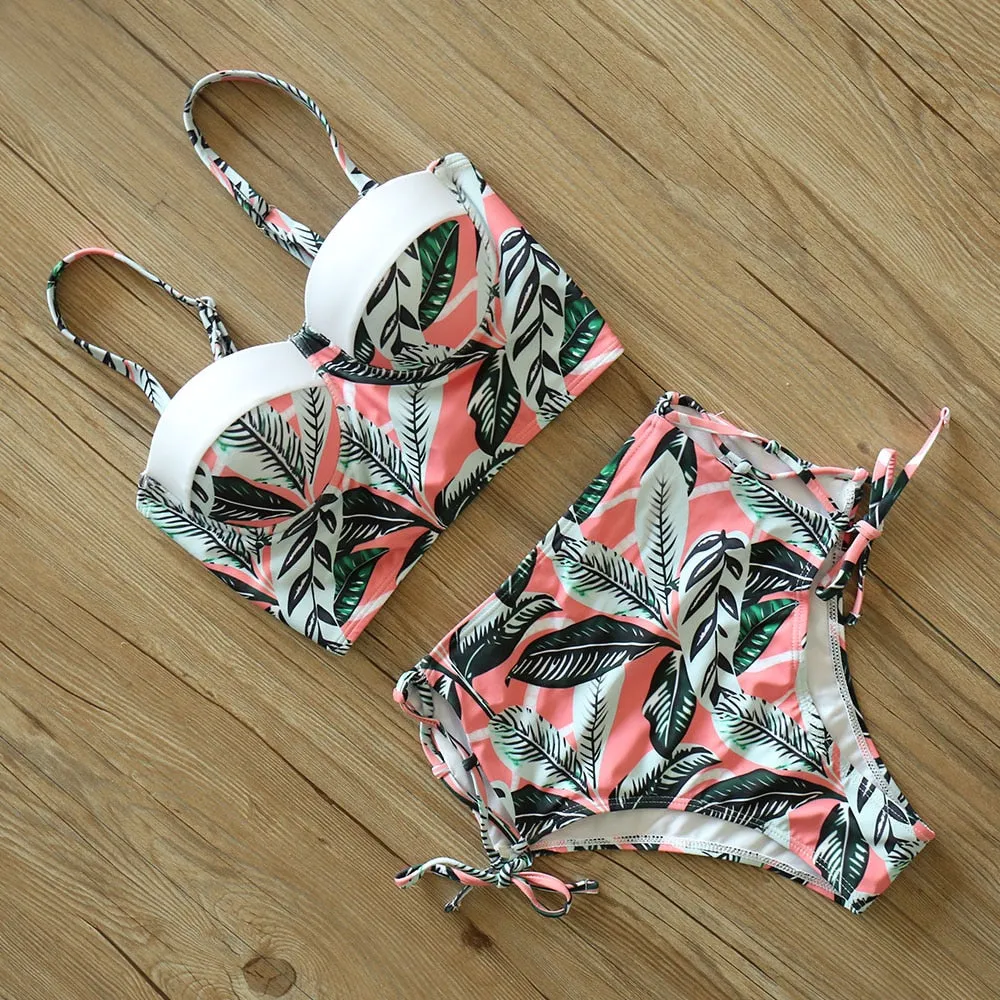 2 Piece Leaf Print Bikinis Women Swimsuit Vintage Retro Bathing Suit Halter High Waist Swimwear