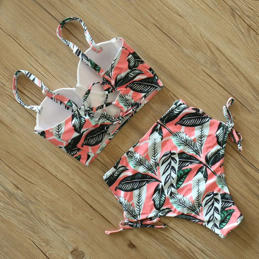 2 Piece Leaf Print Bikinis Women Swimsuit Vintage Retro Bathing Suit Halter High Waist Swimwear