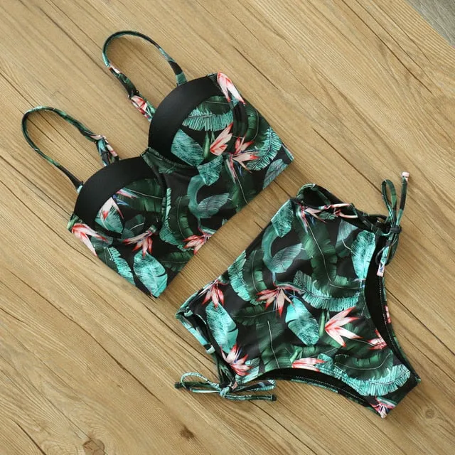 2 Piece Leaf Print Bikinis Women Swimsuit Vintage Retro Bathing Suit Halter High Waist Swimwear